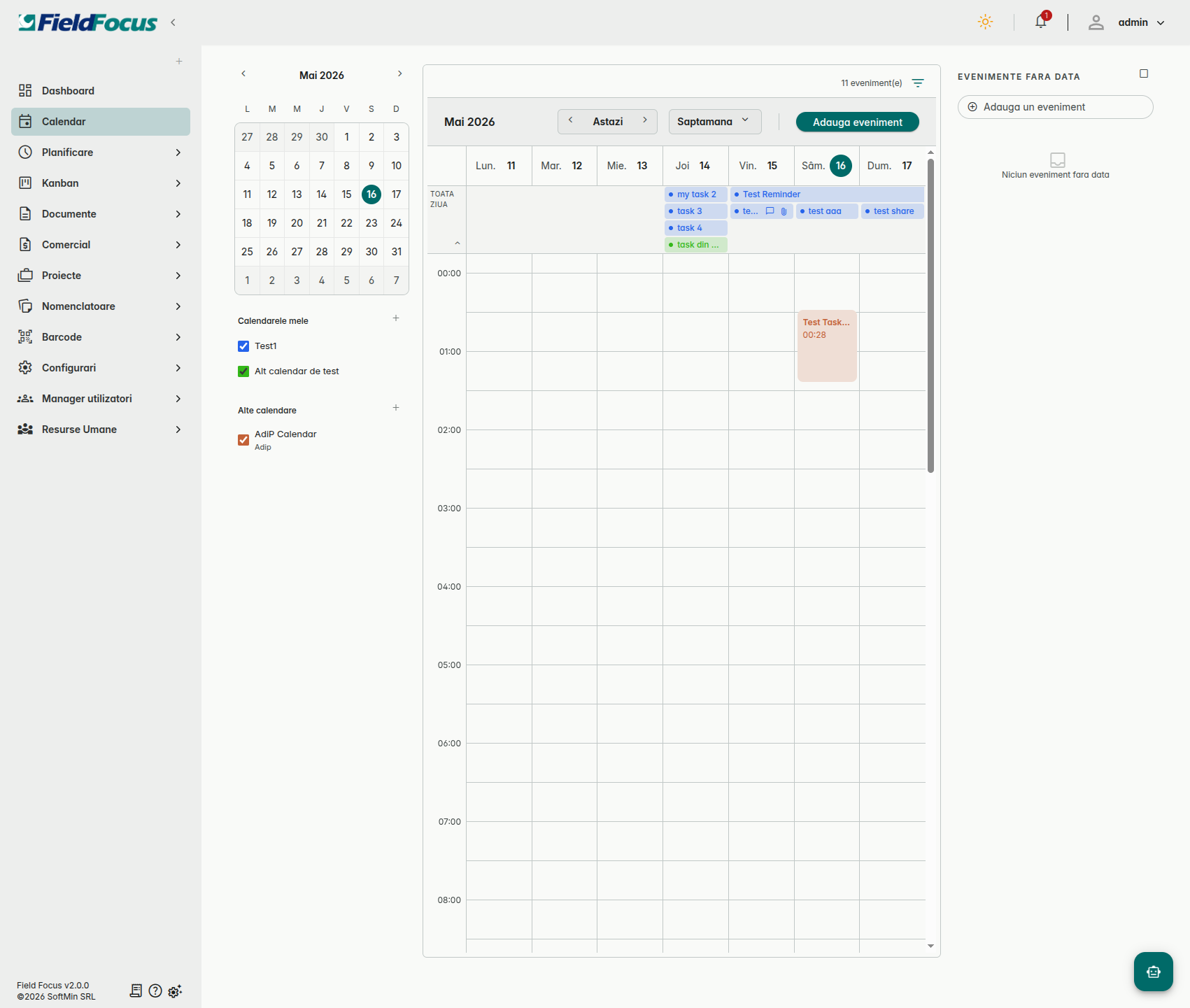 FieldFocus Calendar — săptămâna echipei