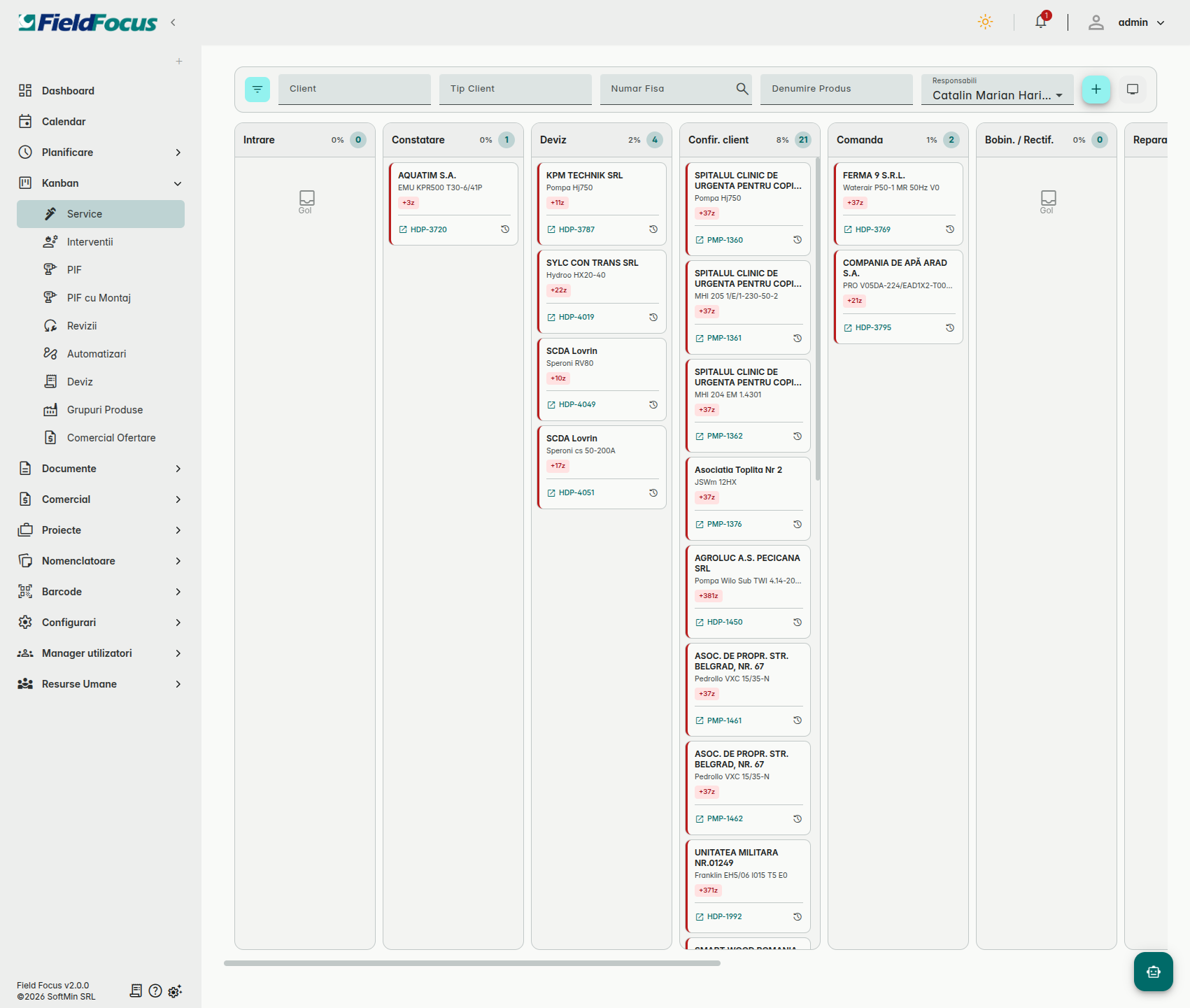 FieldFocus Kanban — fluxul intervențiilor pe coloane
